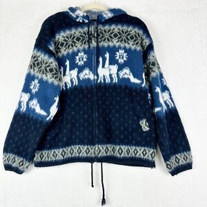 Tejidos Aly Marka VTG Full Zip Hooded Alpaca Wool Sweater Size Large Fair Isle